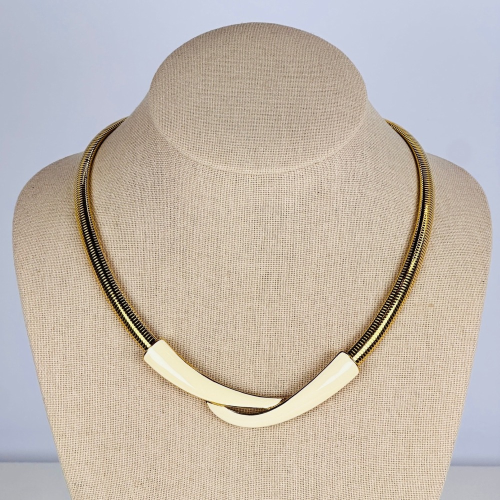 Modernist Chic Trifari Gold Cream Necklace Interlock Enamel Snake Chain Collar